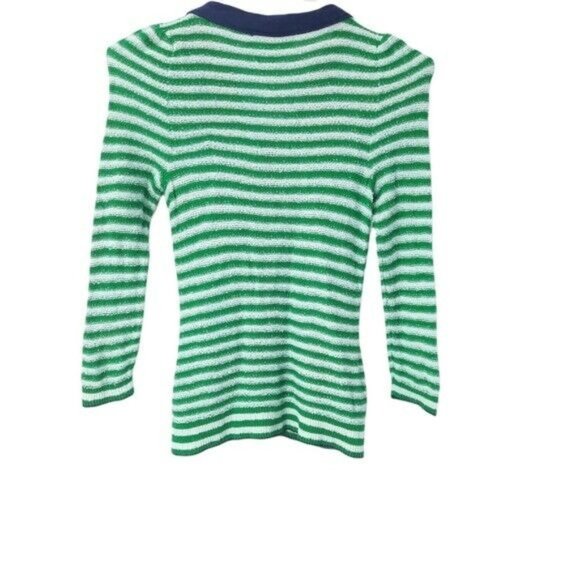 Anthropologie HWR Green White Striped Puff Sleeve Navy Blue Tie Neck Cardigan XS - Picture 11 of 11